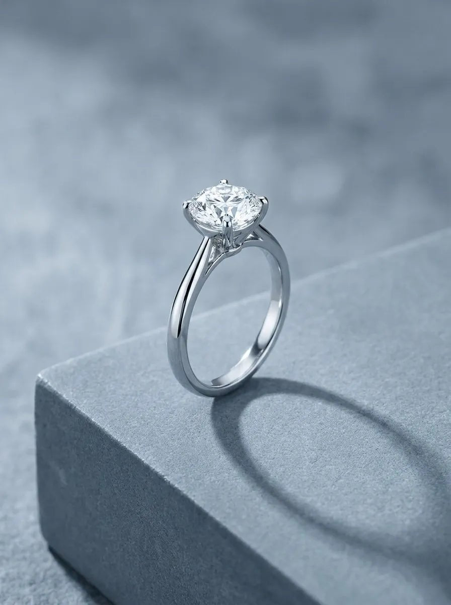 A white gold solitaire diamond engagement ring resting on a gray stone plinth