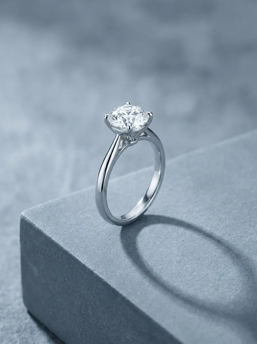 A white gold solitaire diamond engagement ring resting on a gray stone plinth