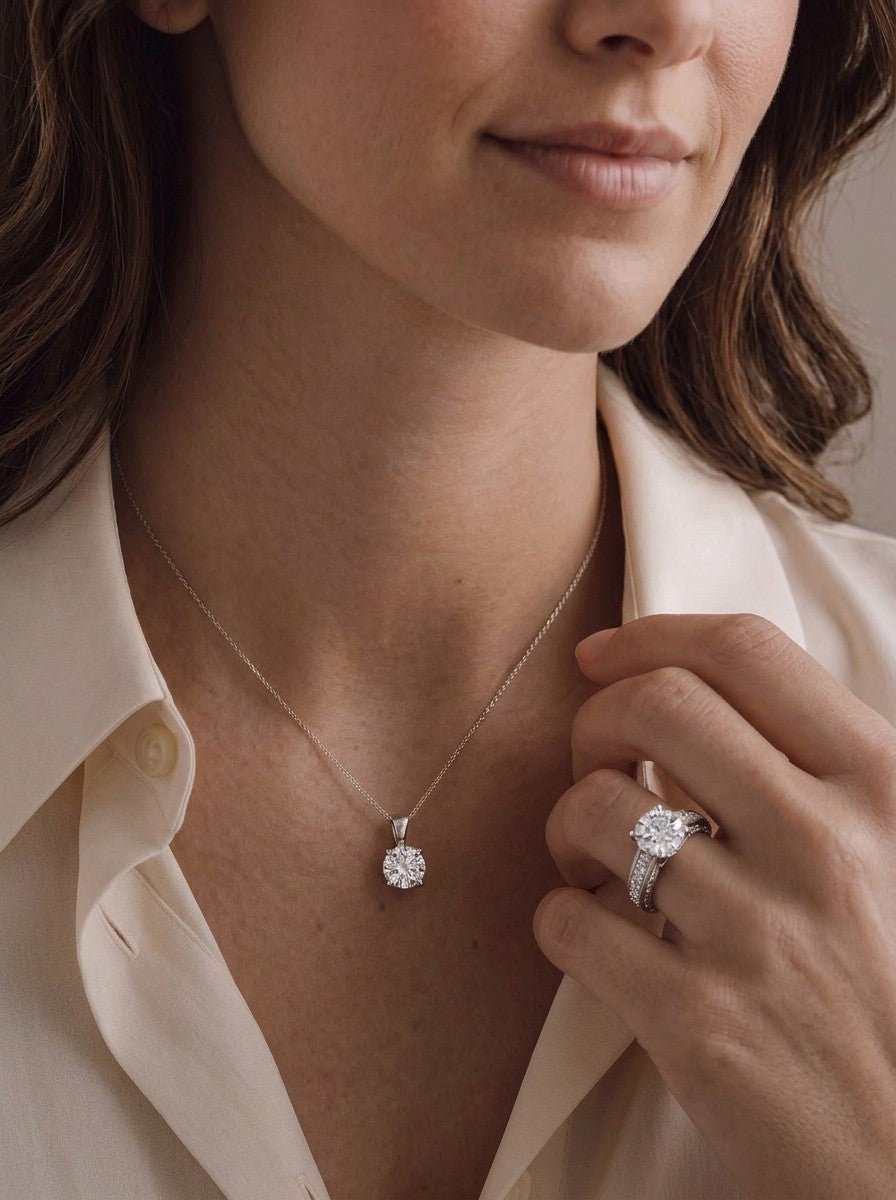 A woman in a cream silk blouse wearing a white gold solitaire diamond pendant and a round solitaire engagement ring