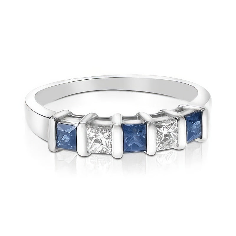 1.00 CT Princess Cut Blue Sapphires &amp; Diamonds - Wedding Band