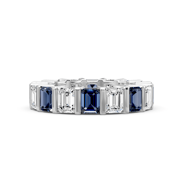 5.50 CT Emerald Cut Blue Sapphires and Diamonds - Eternity Rings