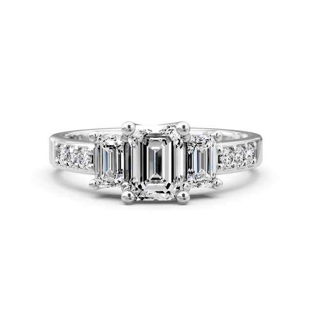 1.40-6.90 CT Emerald & Round Cut Lab Grown Diamonds - Three Stone Rings
