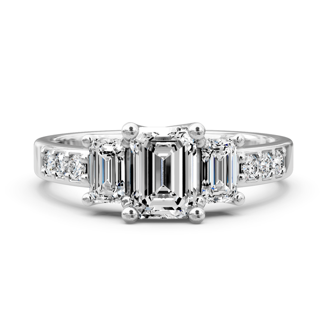 1.40-6.90 CT Emerald & Round Cut Lab Grown Diamonds - Three Stone Rings