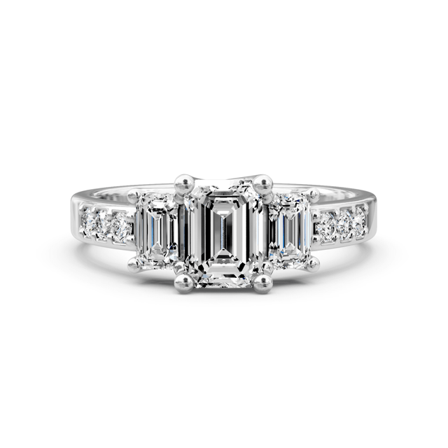 1.70-1.90 CT Emerald & Round Cut Natural Diamonds - Three Stone Rings