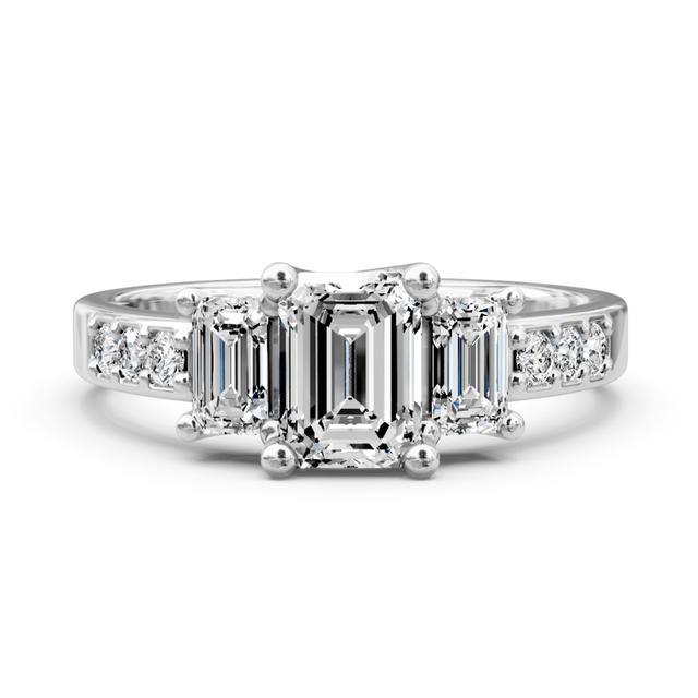 1.70-1.90 CT Emerald & Round Cut Natural Diamonds - Three Stone Rings