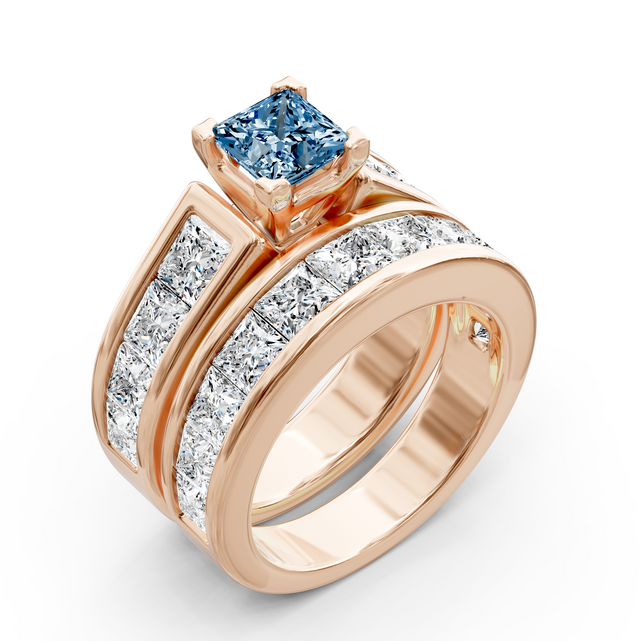 5.90-8.90 CT Princess Cut Fancy Blue Diamonds - Bridal Set