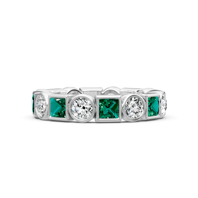 1.50 CT Princess & Round Cut Green Emeralds and Diamonds - Eternity Rings