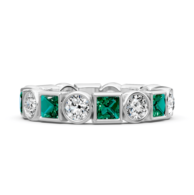1.50 CT Princess & Round Cut Green Emeralds and Diamonds - Eternity Rings