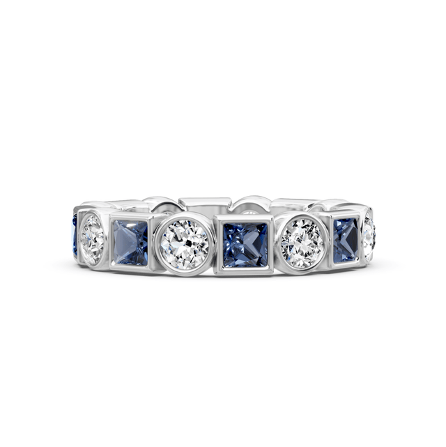 1.50 CT Princess & Round Cut Blue Sapphires and Diamonds - Eternity Rings