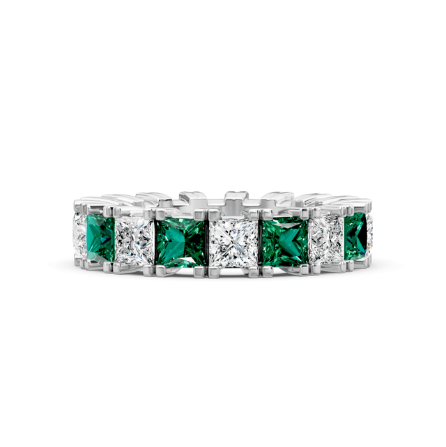 4.60 CT Princess Cut Green Emeralds and Diamonds - Eternity Rings