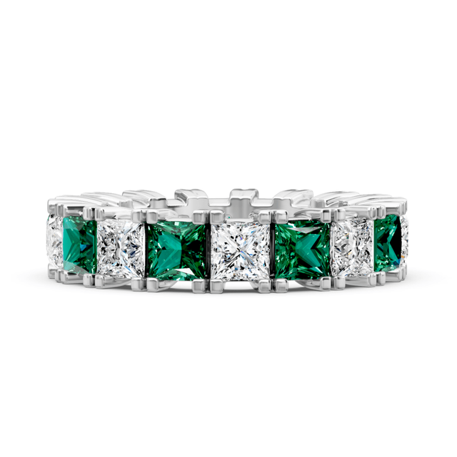 4.60 CT Princess Cut Green Emeralds and Diamonds - Eternity Rings