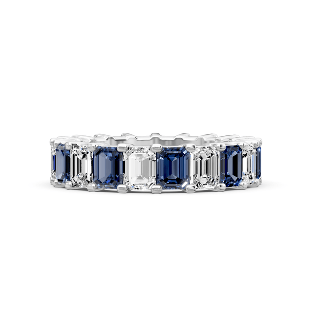 5.20 CT Emerald Cut Blue Sapphires and Diamonds - Eternity Rings