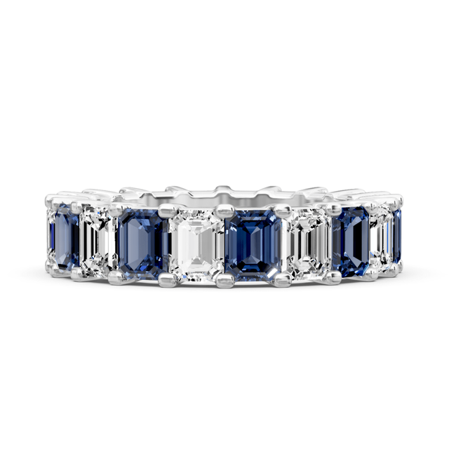 5.20 CT Emerald Cut Blue Sapphires and Diamonds - Eternity Rings