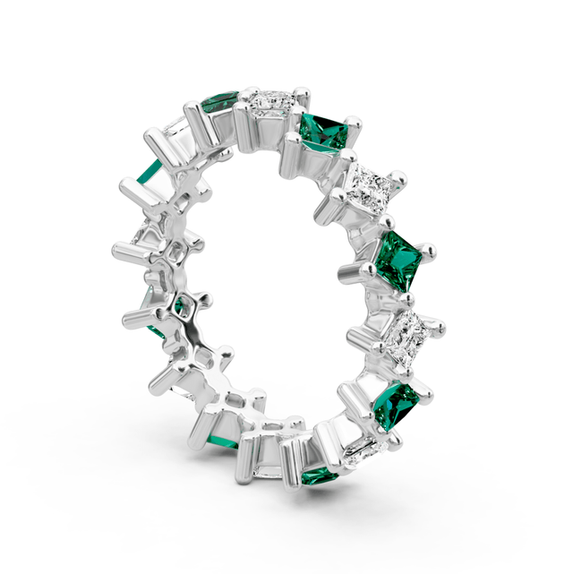 4.20 CT Princess Cut Green Emeralds and Diamonds - Eternity Rings