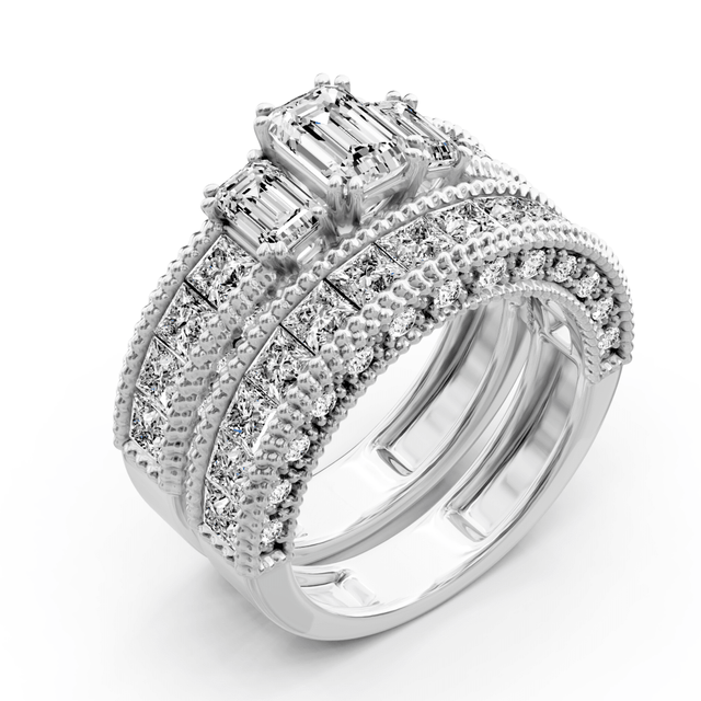 3.45-4.60 CT Emerald & Princess & Round Cut Natural Diamonds - Bridal Set