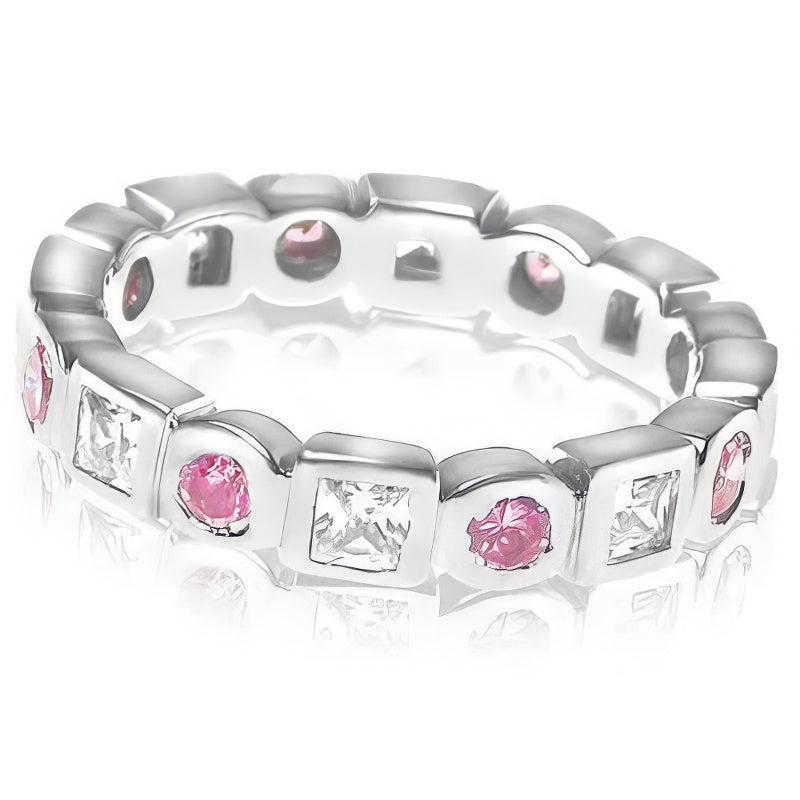 1.65 CT Round &amp; Princess Cut Pink Sapphires &amp; Diamonds - Eternity Ring