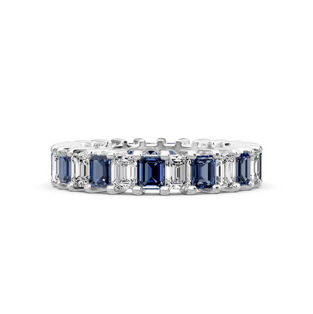 4.00-6.00 CT Emerald Cut Blue Sapphires and Diamonds - Eternity Rings