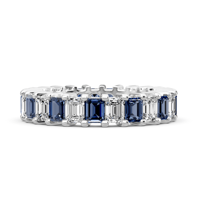 4.00-6.00 CT Emerald Cut Blue Sapphires and Diamonds - Eternity Rings
