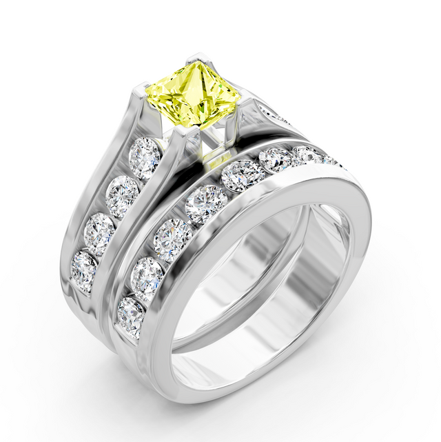 2.80-5.80 CT Princess & Round Cut Fancy Yellow Diamonds - Bridal Set