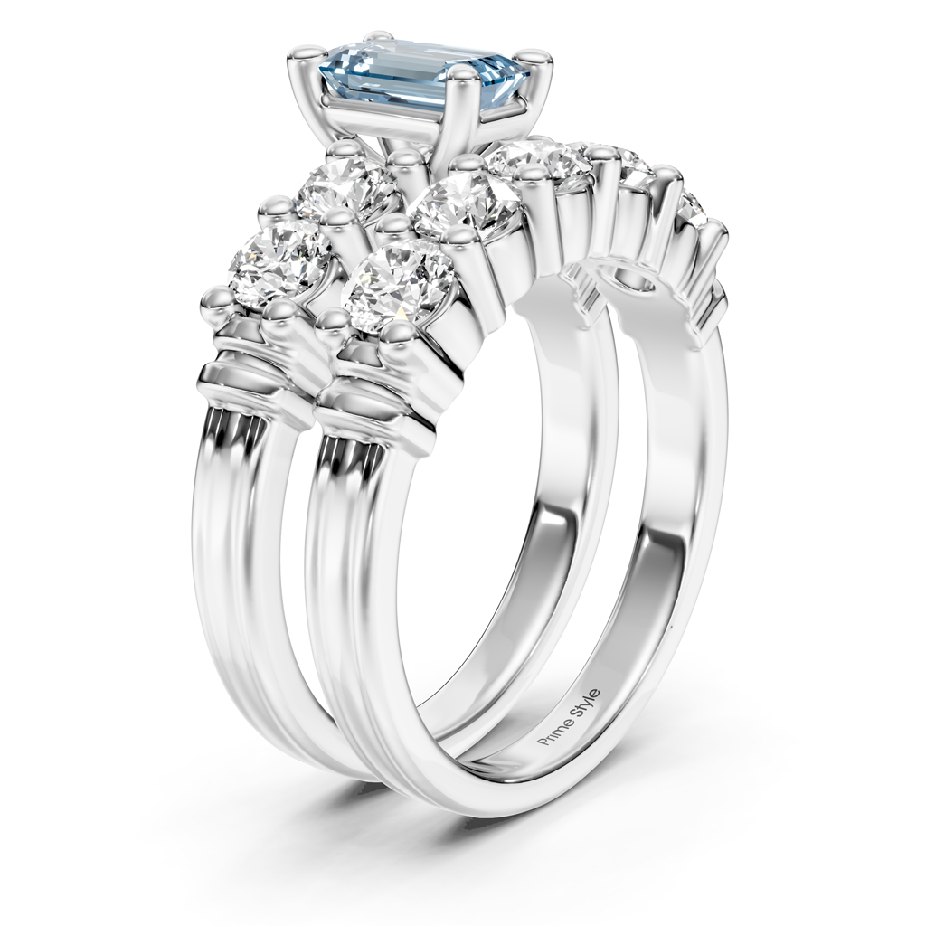 2.40-5.40 CT Emerald &amp; Round Cut Fancy Blue Diamonds - Bridal Set