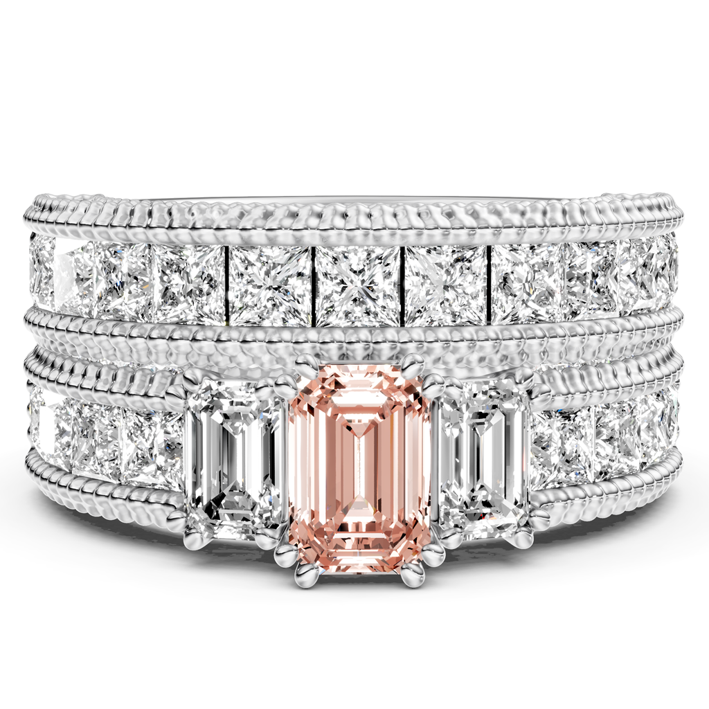 4.10-7.10 CT Emerald &amp; Princess &amp; Round Cut Fancy Pink Diamonds - Bridal Set