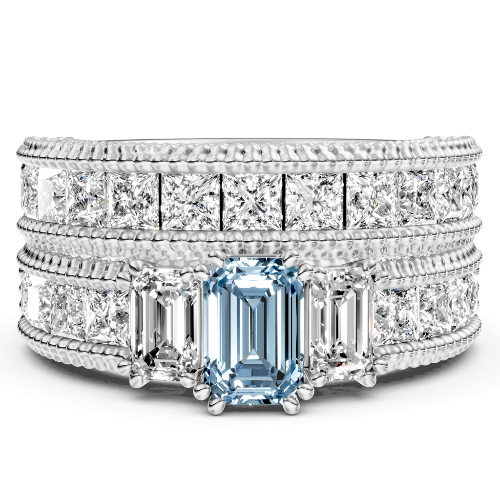 4.10-7.10 CT Emerald &amp; Princess &amp; Round Cut Fancy Blue Diamonds - Bridal Set