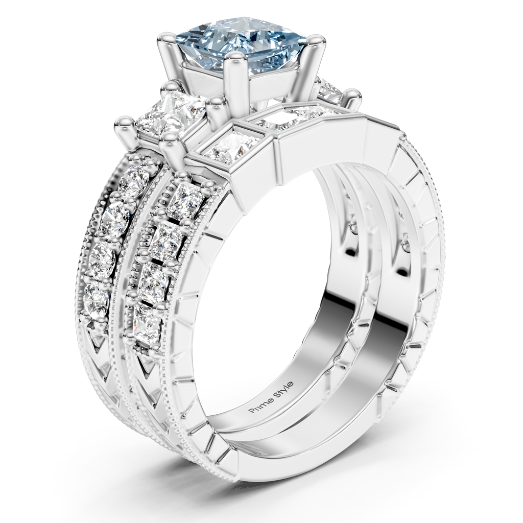 2.50-5.50 CT Princess &amp; Round Cut Fancy Blue Diamonds - Bridal Set