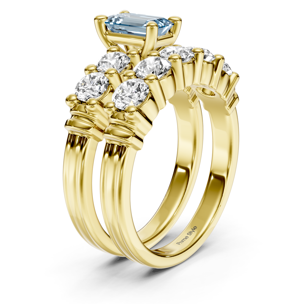 2.40-5.40 CT Emerald &amp; Round Cut Fancy Blue Diamonds - Bridal Set