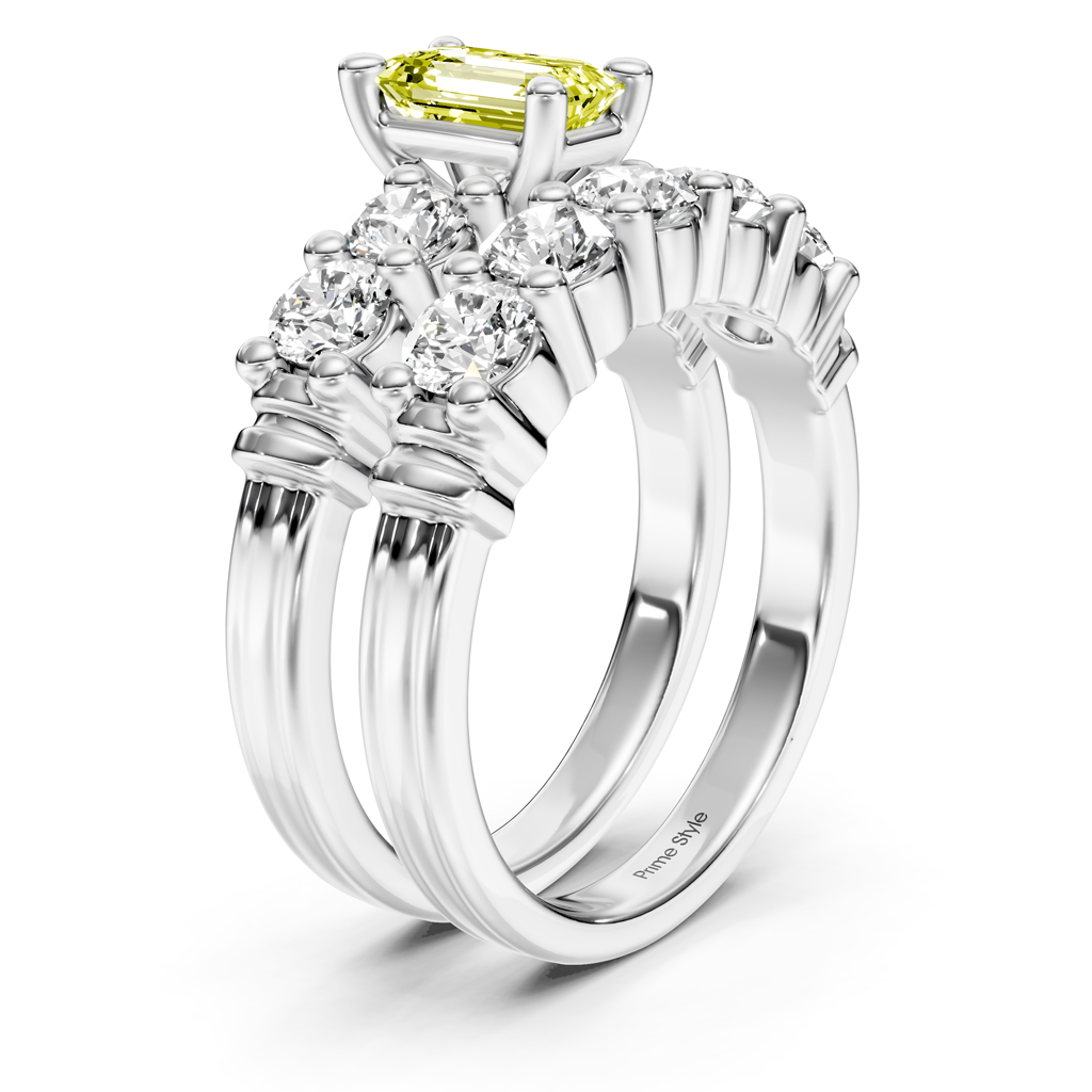 2.40-5.40 CT Emerald &amp; Round Cut Fancy Yellow Diamonds - Bridal Set