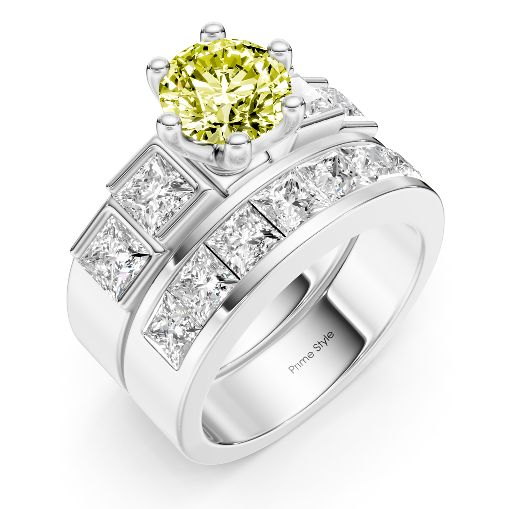 3.00-6.00 CT Princess &amp; Round Cut Fancy Yellow Diamonds - Bridal Set