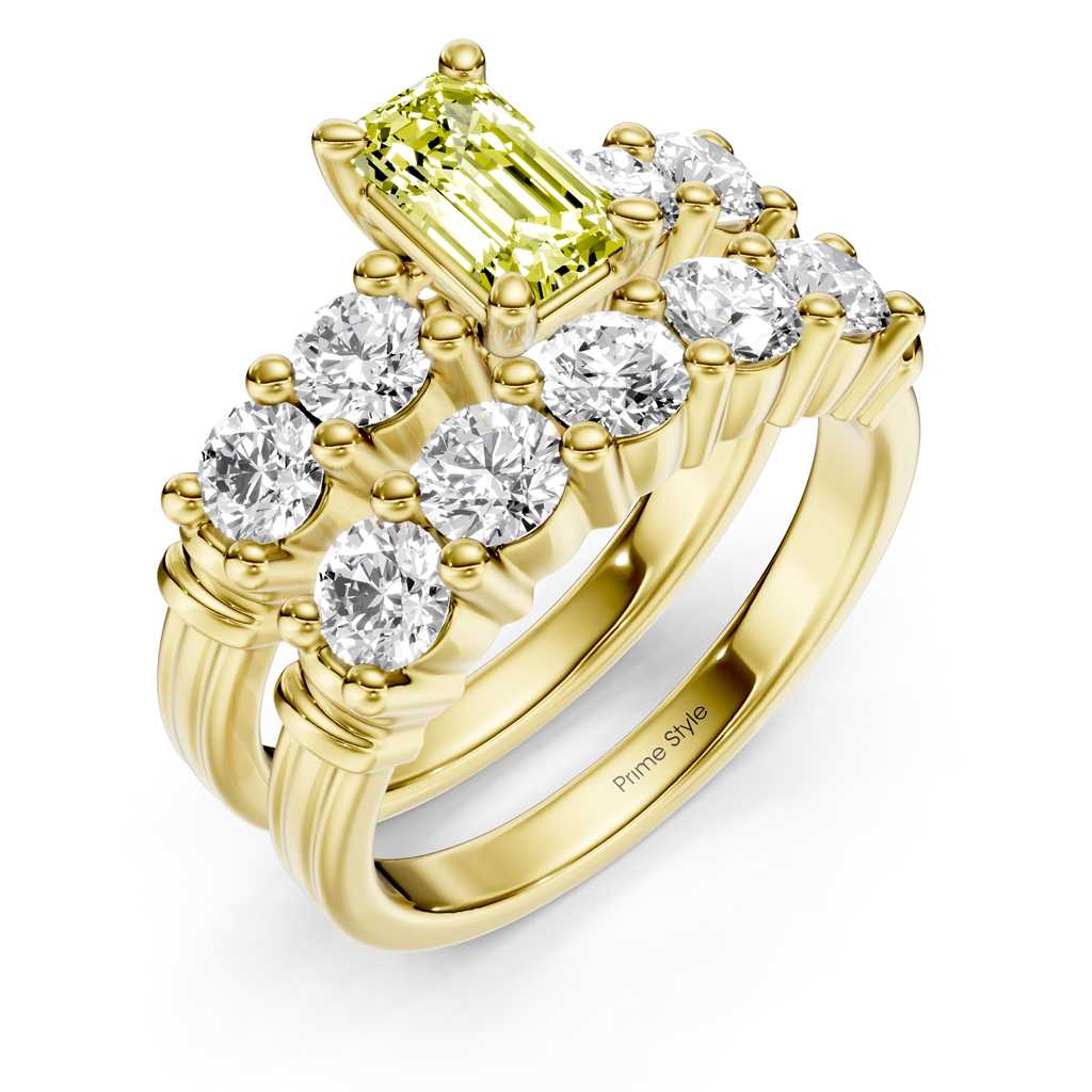 2.40-5.40 CT Emerald &amp; Round Cut Fancy Yellow Diamonds - Bridal Set