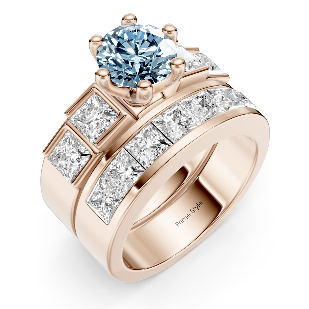 3.00-6.00 CT Princess &amp; Round Cut Fancy Blue Diamonds - Bridal Set