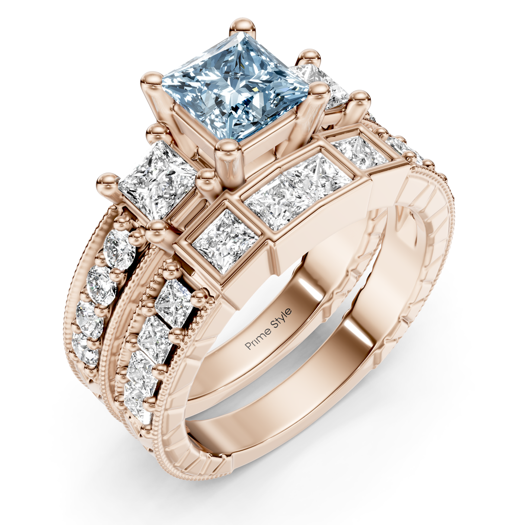 2.50-5.50 CT Princess &amp; Round Cut Fancy Blue Diamonds - Bridal Set