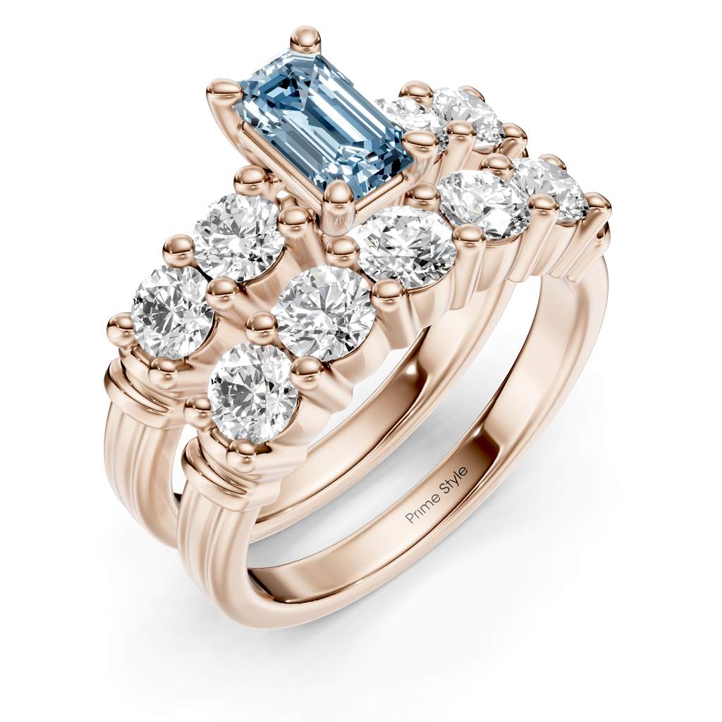 2.40-5.40 CT Emerald &amp; Round Cut Fancy Blue Diamonds - Bridal Set