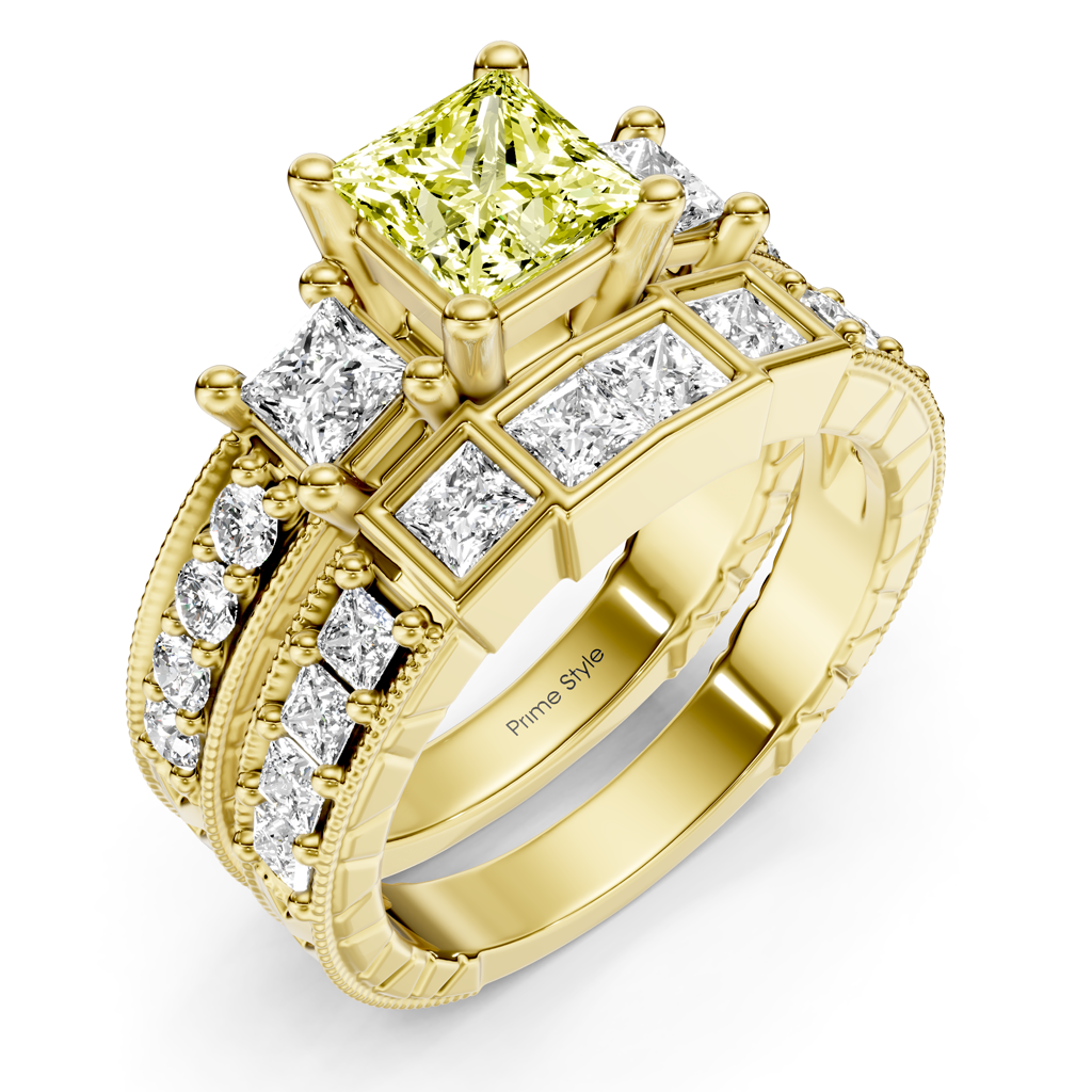 2.50-5.50 CT Princess &amp; Round Cut Fancy Yellow Diamonds - Bridal Set