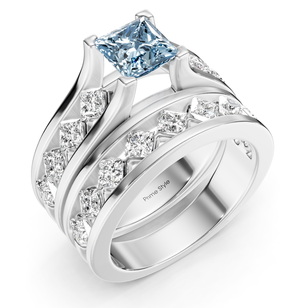 2.70-5.70 CT Princess Cut Fancy Blue Diamonds - Bridal Set