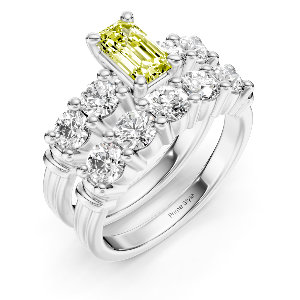 2.40-5.40 CT Emerald &amp; Round Cut Fancy Yellow Diamonds - Bridal Set