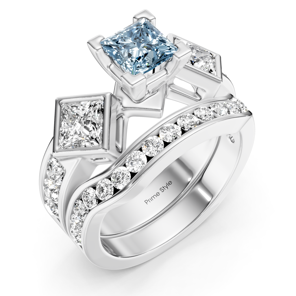 2.65-5.65 CT Princess &amp; Round Cut Fancy Blue Diamonds - Bridal Set