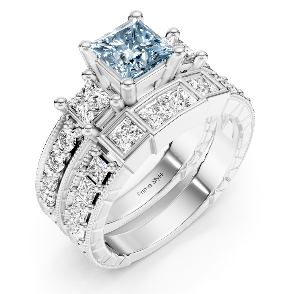 2.50-5.50 CT Princess &amp; Round Cut Fancy Blue Diamonds - Bridal Set