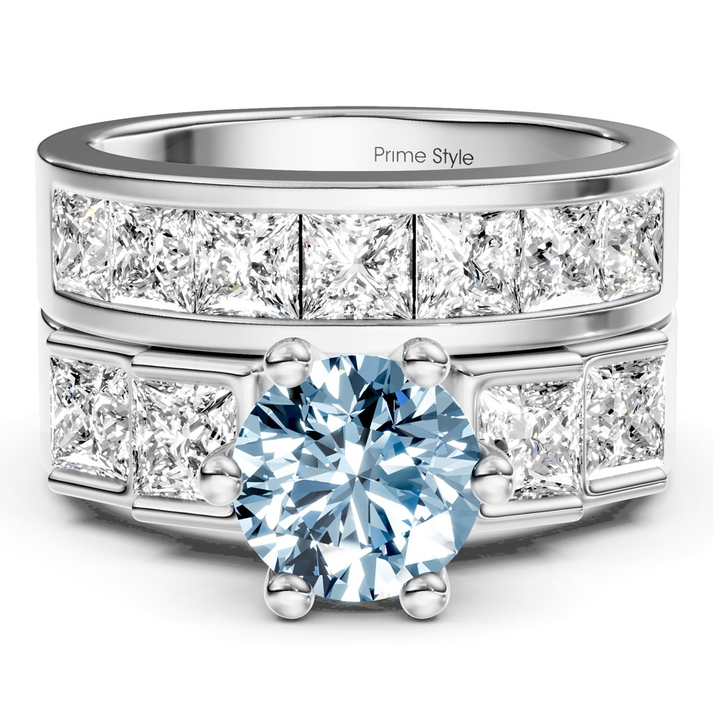 3.00-6.00 CT Princess &amp; Round Cut Fancy Blue Diamonds - Bridal Set