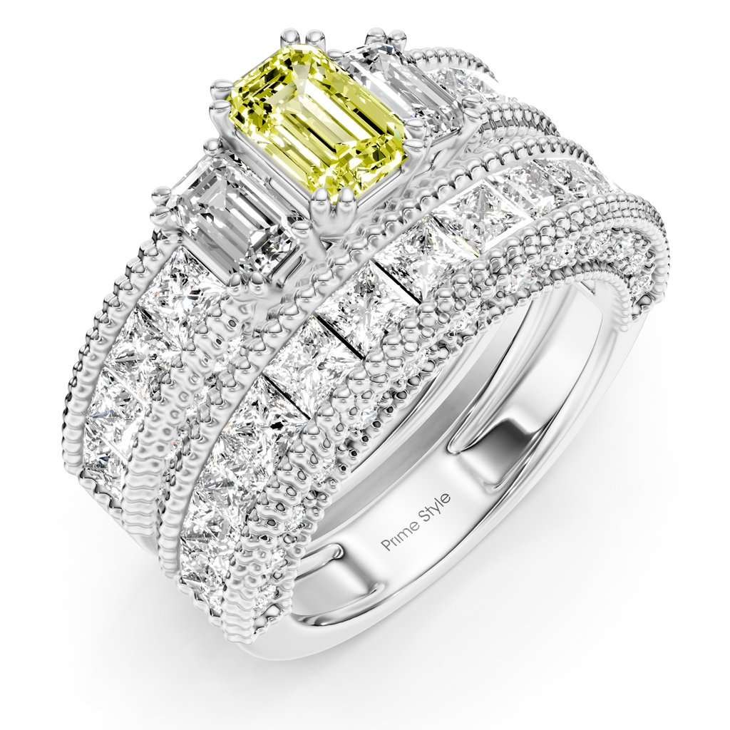 4.10-7.10 CT Emerald &amp; Princess &amp; Round Cut Fancy Yellow Diamonds - Bridal Set