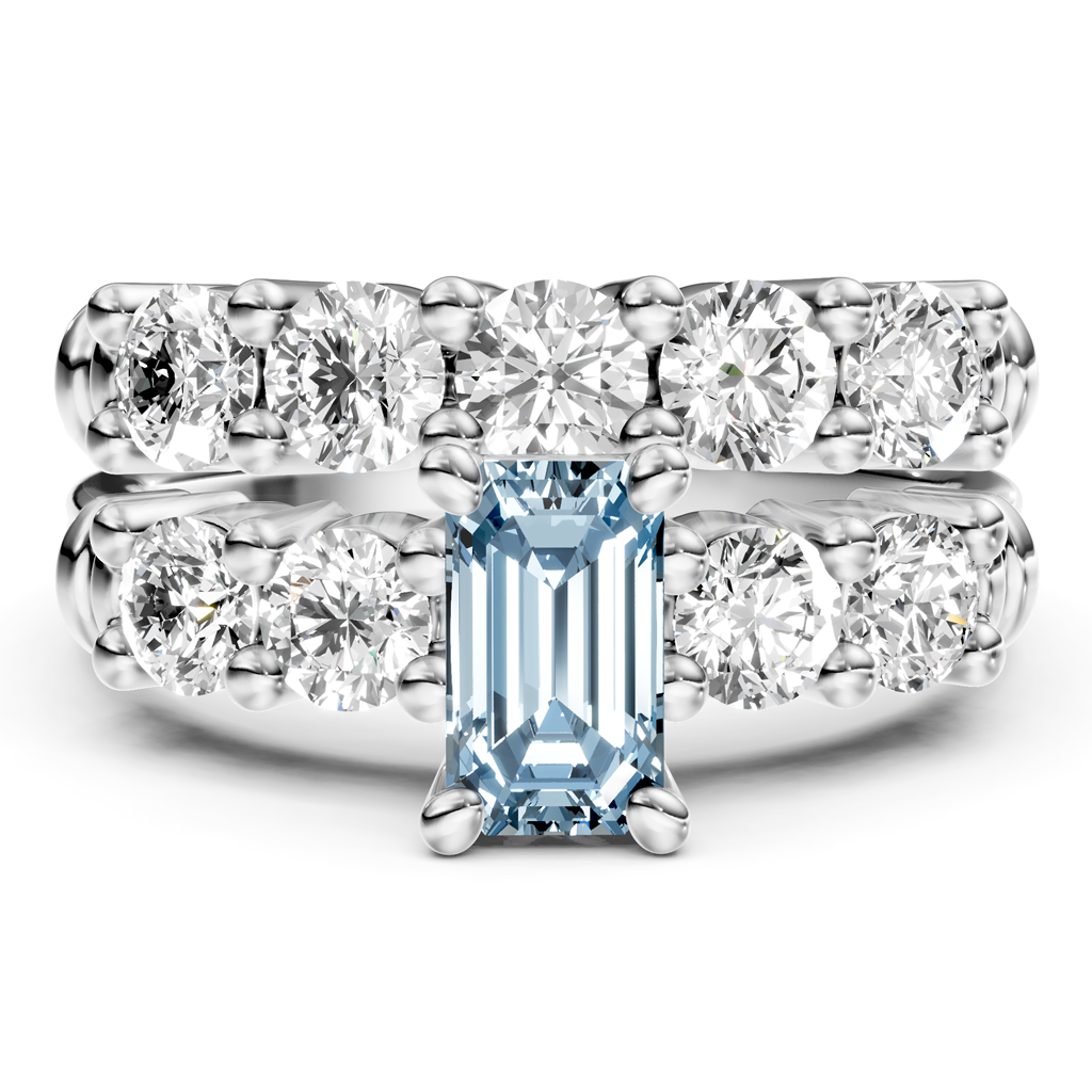 2.40-5.40 CT Emerald &amp; Round Cut Fancy Blue Diamonds - Bridal Set