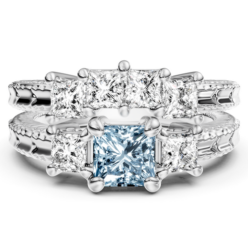 2.25-5.25 CT Princess Cut Fancy Blue Diamonds - Bridal Set
