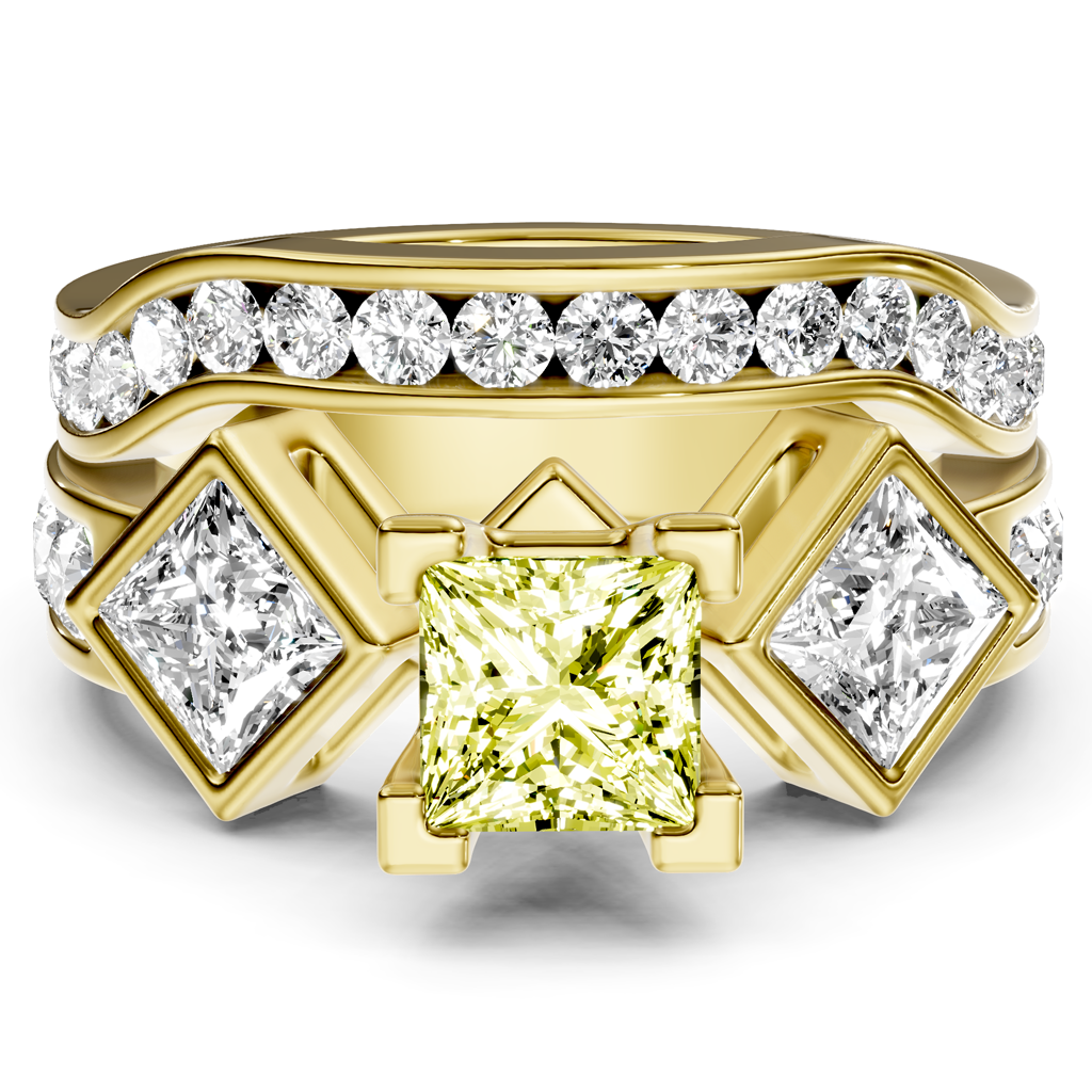 2.65-5.65 CT Princess &amp; Round Cut Fancy Yellow Diamonds - Bridal Set