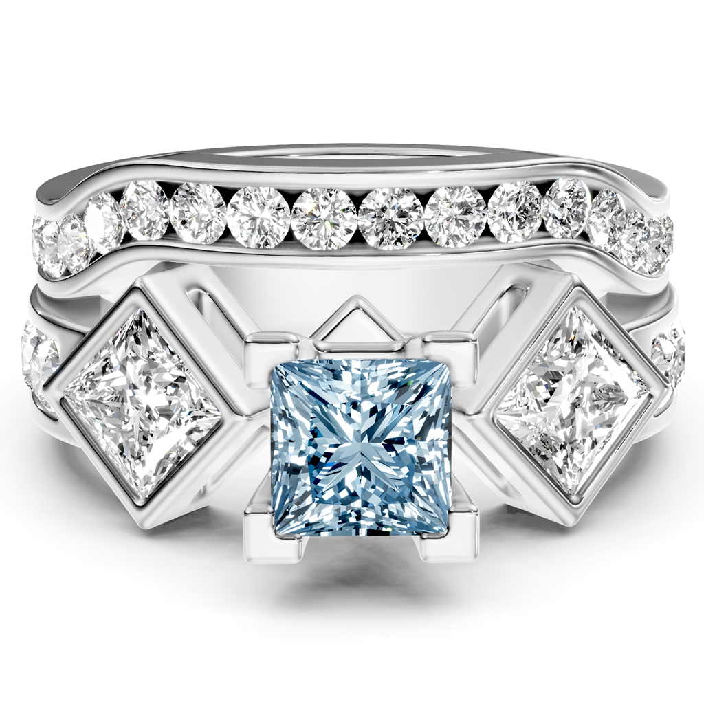 2.65-5.65 CT Princess &amp; Round Cut Fancy Blue Diamonds - Bridal Set