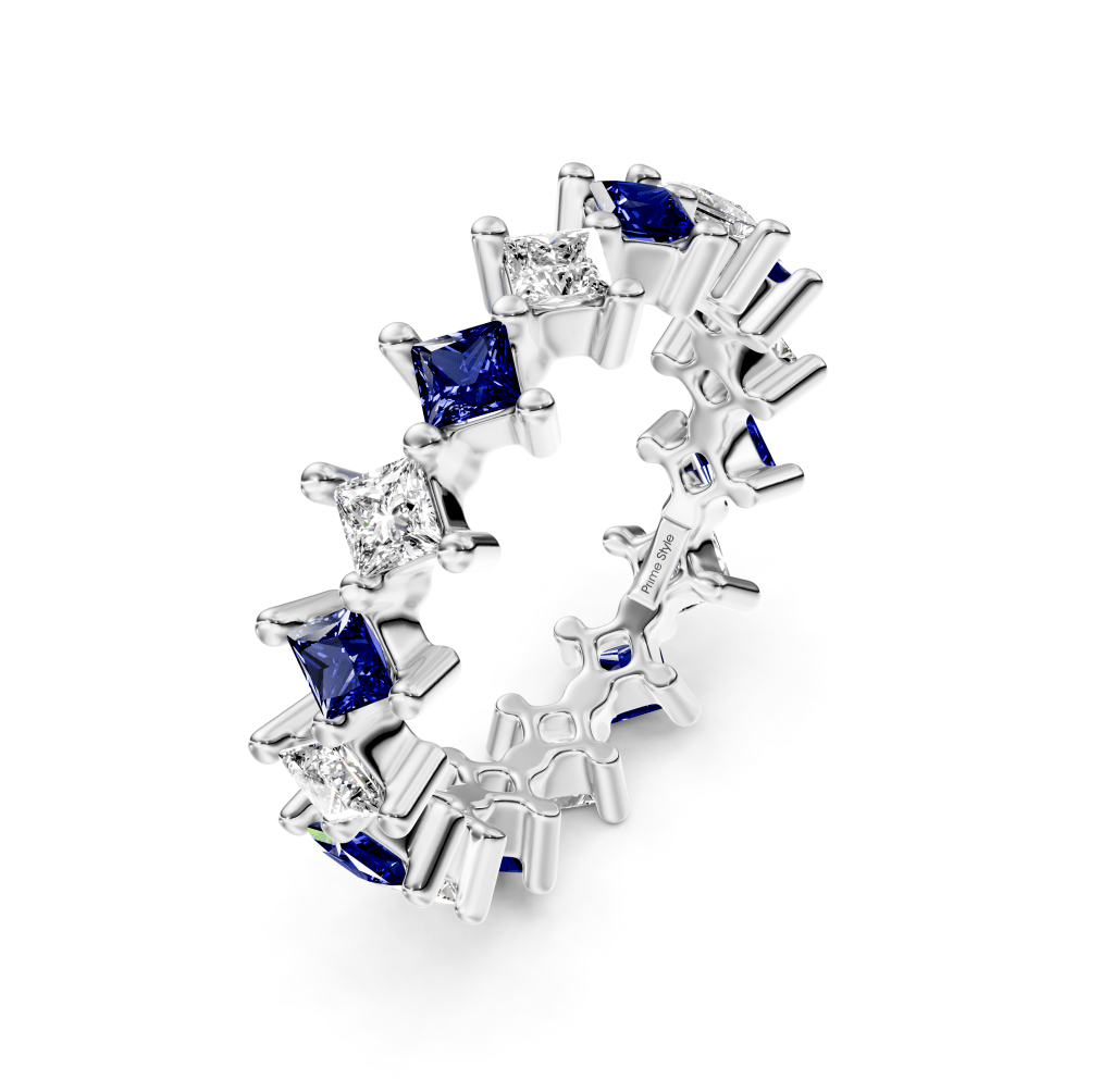4.20 CT Princess Cut Blue Sapphires and Diamonds - Eternity Rings - Primestyle.com