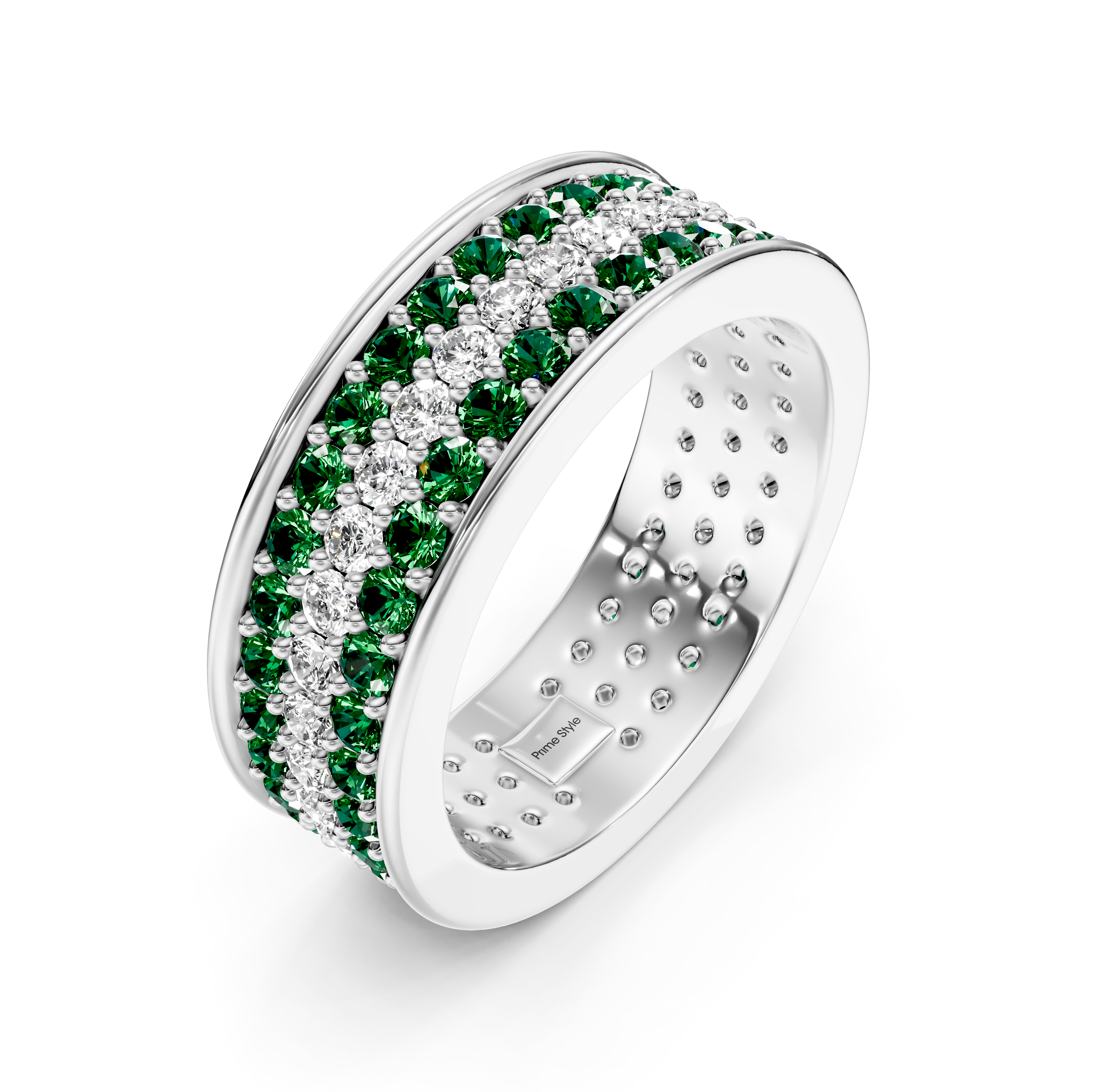 2.20 CT Round Cut Green Emeralds and Diamonds - Eternity Rings
