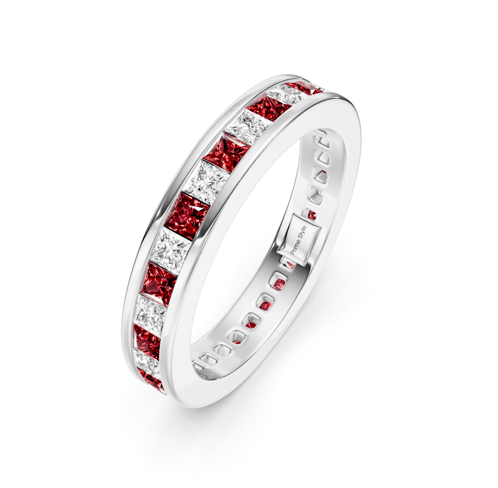 1.60 CT Princess Cut Rubies and Diamonds - Eternity Rings