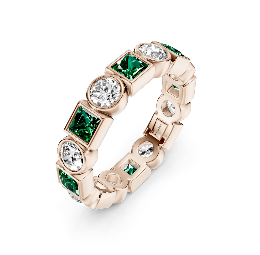 1.50 CT Princess &amp; Round Cut Green Emeralds and Diamonds - Eternity Rings - Primestyle.com