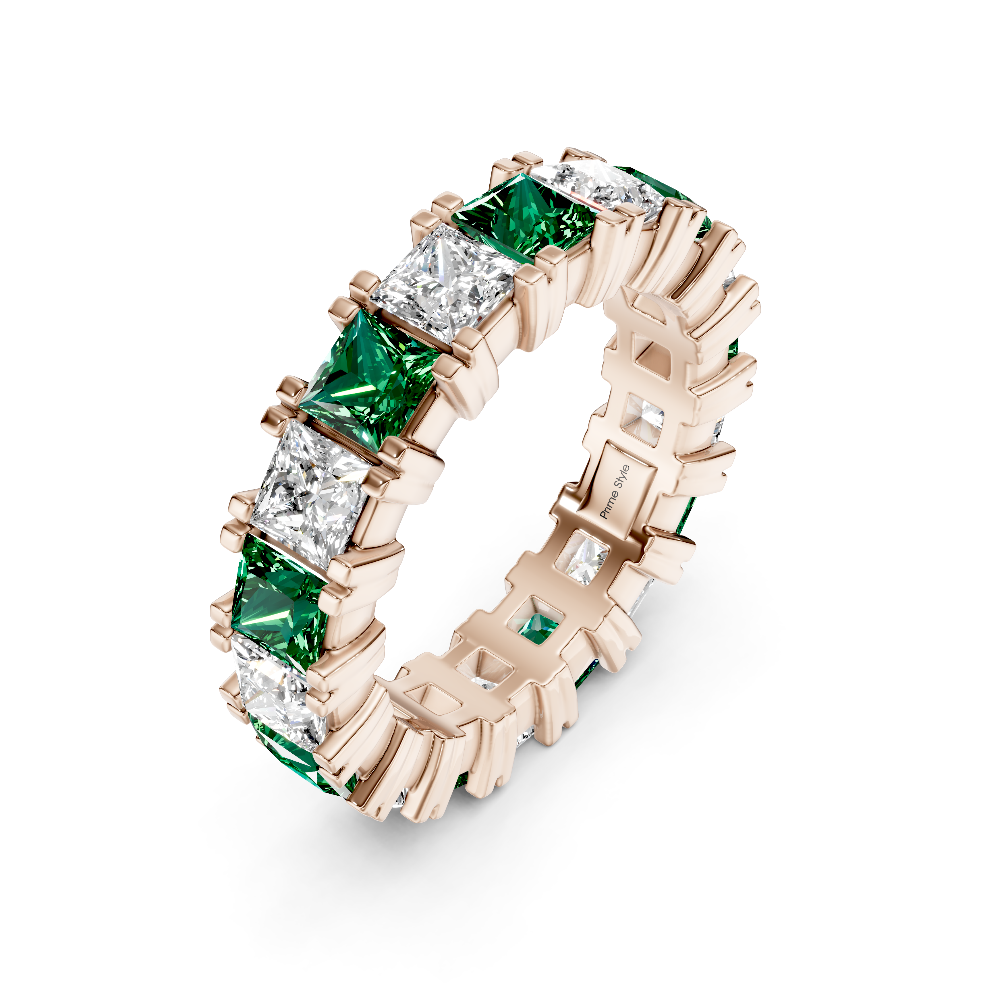4.60 CT Princess Cut Green Emeralds and Diamonds - Eternity Rings
